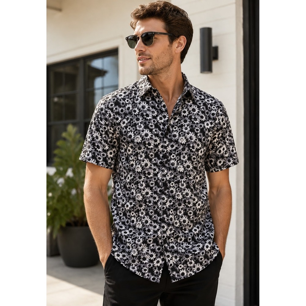 Monument Mens Floral Short Sleeve Button Down Shirt Gray Black M‎ Preppy Casual